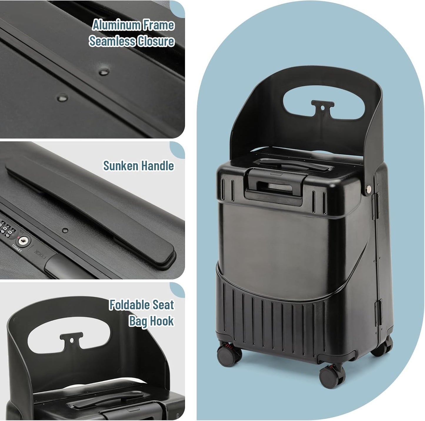 20 Inch Carry On TSA Lock Luggage for Kids& Adult,Lockable Spinner Wheels Free Luggage Cover and Safety Seatbelt Travel Suitcase(Carry-On TSA Luggage with Child Seat Black)
