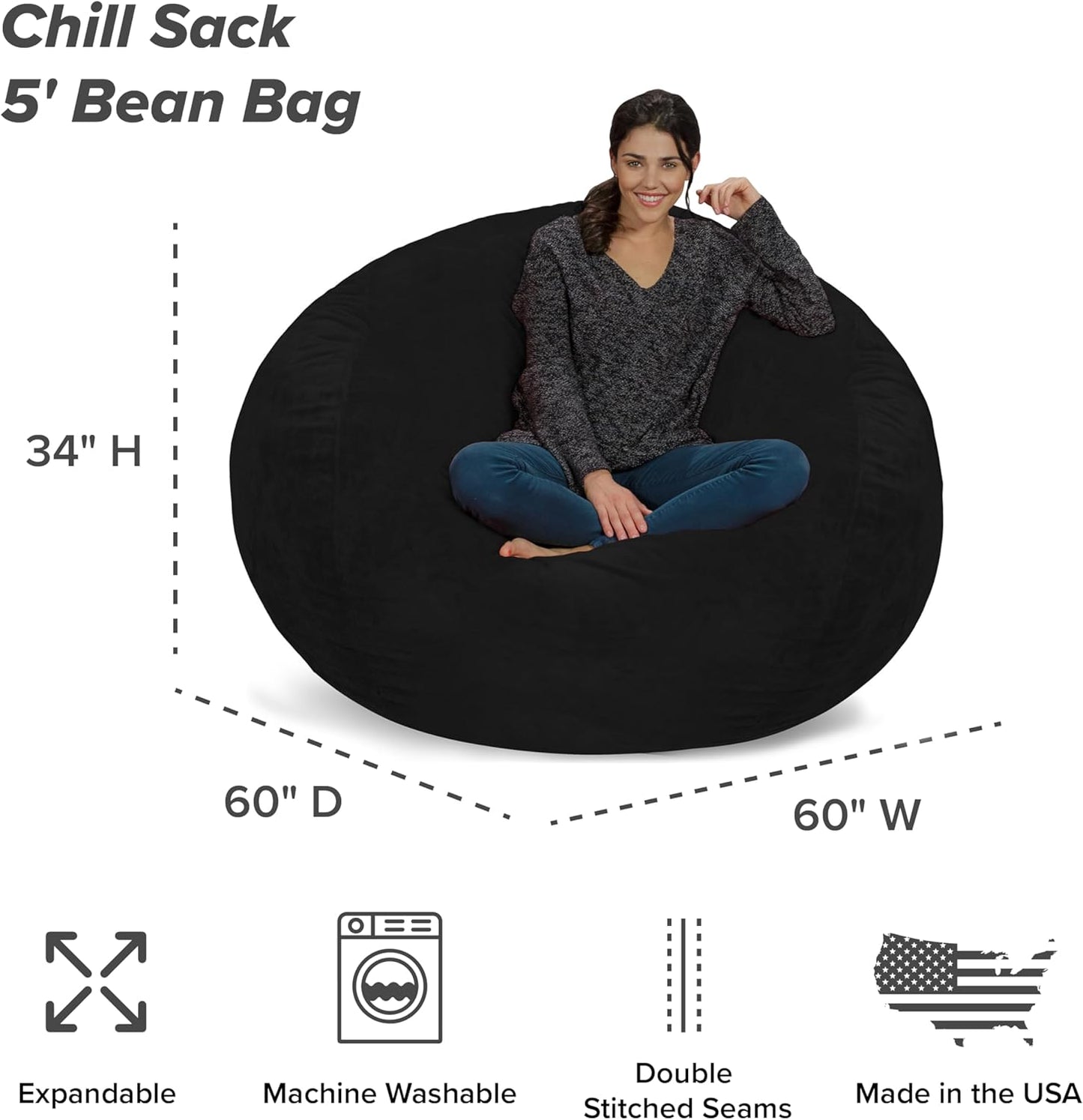 Chill Sack Bean Bag Chair - 5' Giant Memory Foam Lounge Chair with Soft Microfiber Cover – Cozy Furniture for Living Room, Dorm, & Kids' Rooms – Comfortable 5 Ft, Ultrafur Lounge Sofa, Black