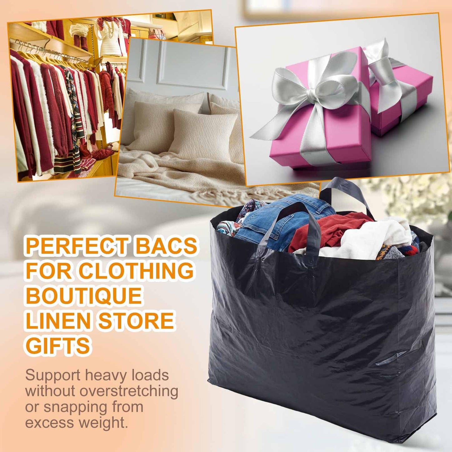 Klyyo Clyro 50 Pack 18 × 6 × 13.5 Inch Frosted Plastic Gift Bags with Handle Large Reusable Frosted Plastic Shopping Bags for Small Business, Boutiques, Retail, Wedding Party Favors (Black)
