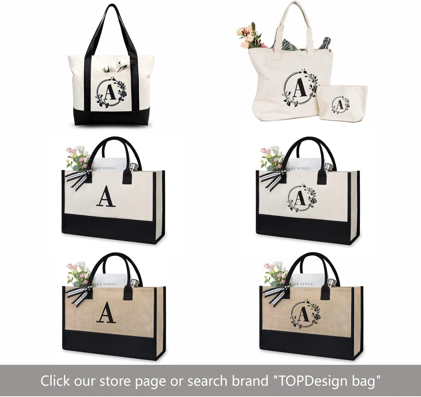 TOPDesign Initial Jute/Canvas Tote Bag, Personalized Present Bag, Suitable for Wedding, Birthday, Beach, Holiday, is a Great Gift for Women, Mom, Teachers, Friends, Bridesmaids (Letter S)