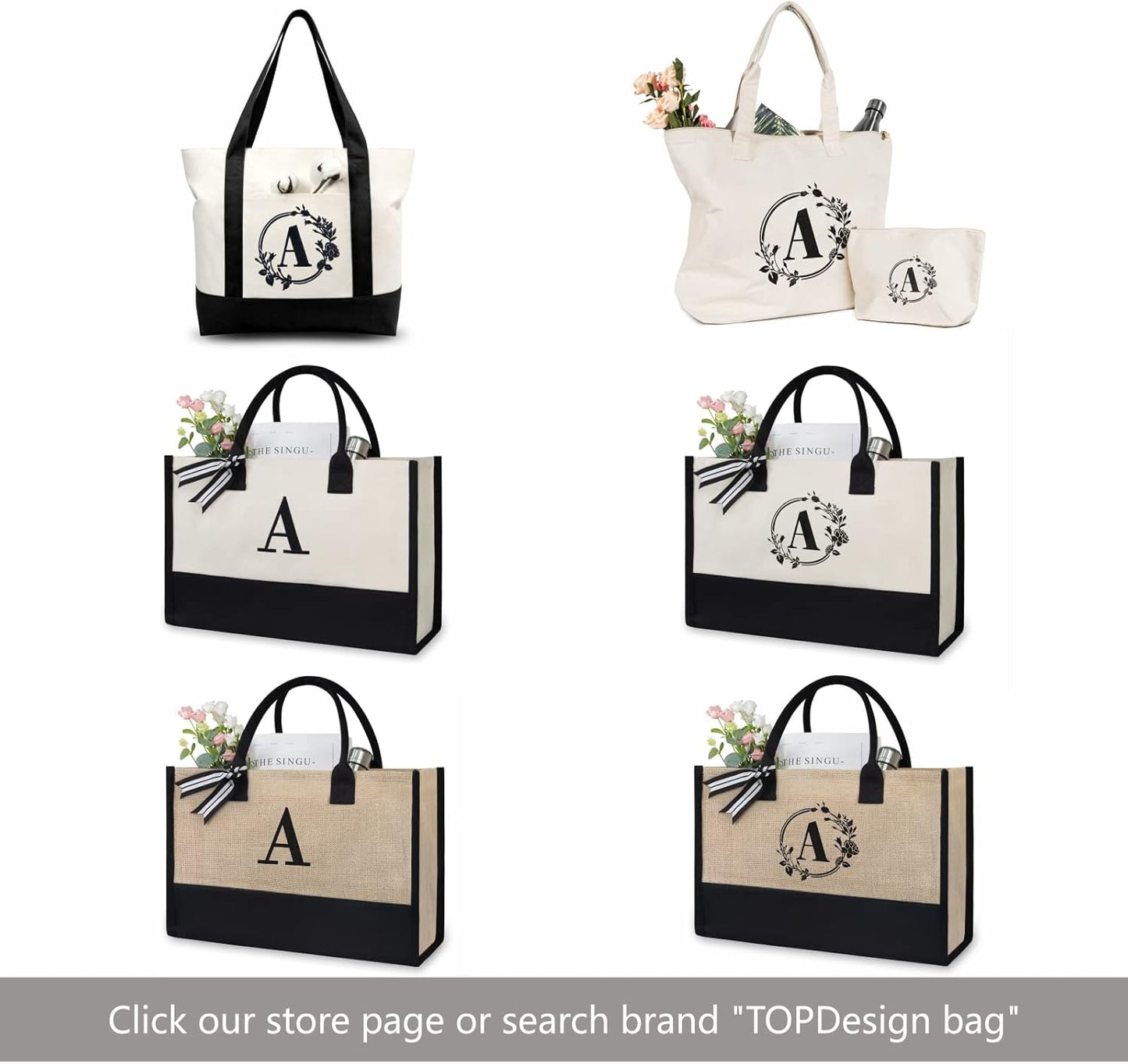 TOPDesign Initial Jute/Canvas Tote Bag, Personalized Present Bag, Suitable for Wedding, Birthday, Beach, Holiday, is a Great Gift for Women, Mom, Teachers, Friends, Bridesmaids (Letter V)