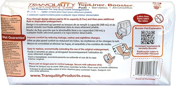 Tranquility TopLiner Disposable Booster Pads, Mini (10.5" x 2.75") Flow-Through Design with Adhesive Strip for Max Absorption, Adult Unisex 200ct Case