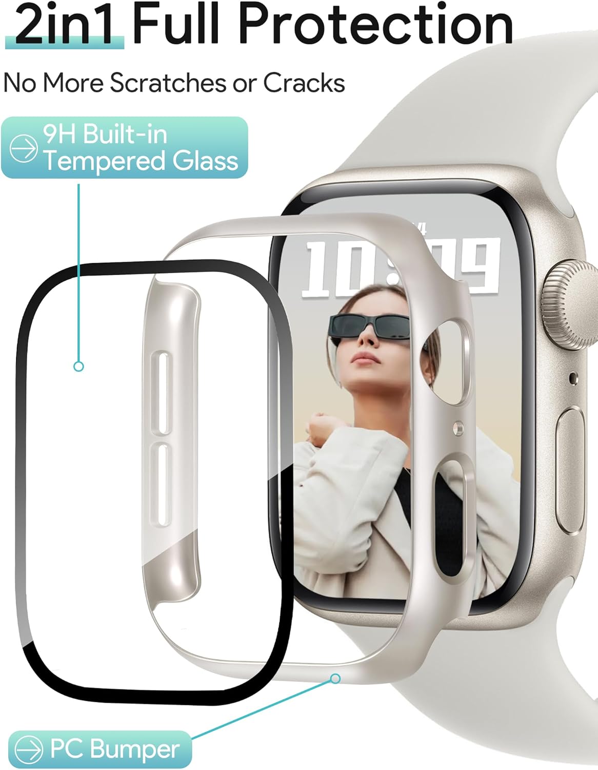 JR.DM 44mm 2 Pack Hard PC Case with HD Tempered Glass Screen Protector for Apple Watch Series 6/5/4/SE/SE2/SE3, Guard Bumper Full Protective Anti-Scratch Face Cover for iWatch, Starlight+ Clear
