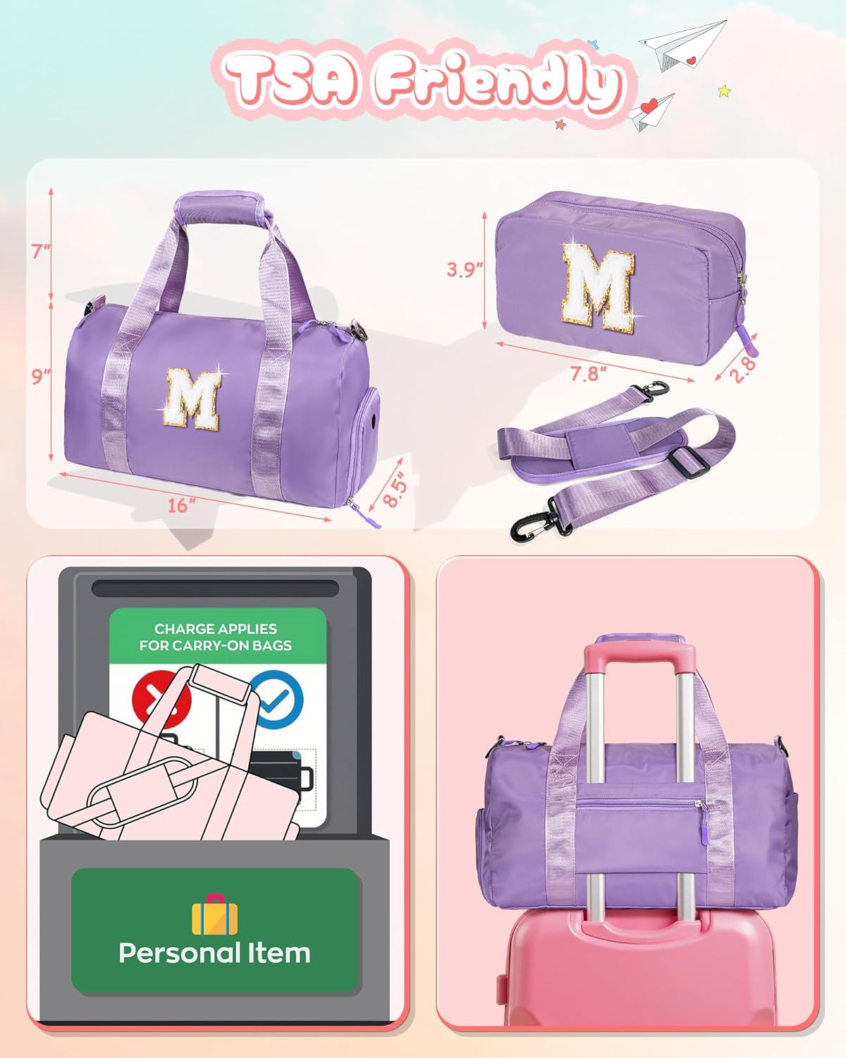 Sister Graduation Gift-Girl Gym Bag with Shoe Compartment, Kid Personalized Weekender Overnight Bags, Initial Travel Tote with Makeup Pouch Valentine's Day Gifts for Kids (Letter I)