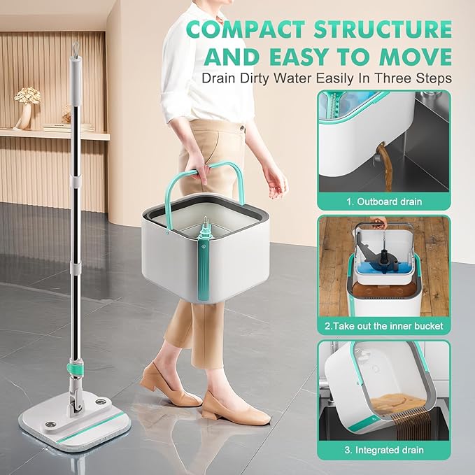 Upgraded Self-Standing Spin Mop and Bucket System, Detachable Inner Mop Bucket Separates Dirty Water & 90° Foldable Head, Triple-Scrub System, 0.9Gal Dual Drainage, for Hardwood Floors (Blue 6 Pads)