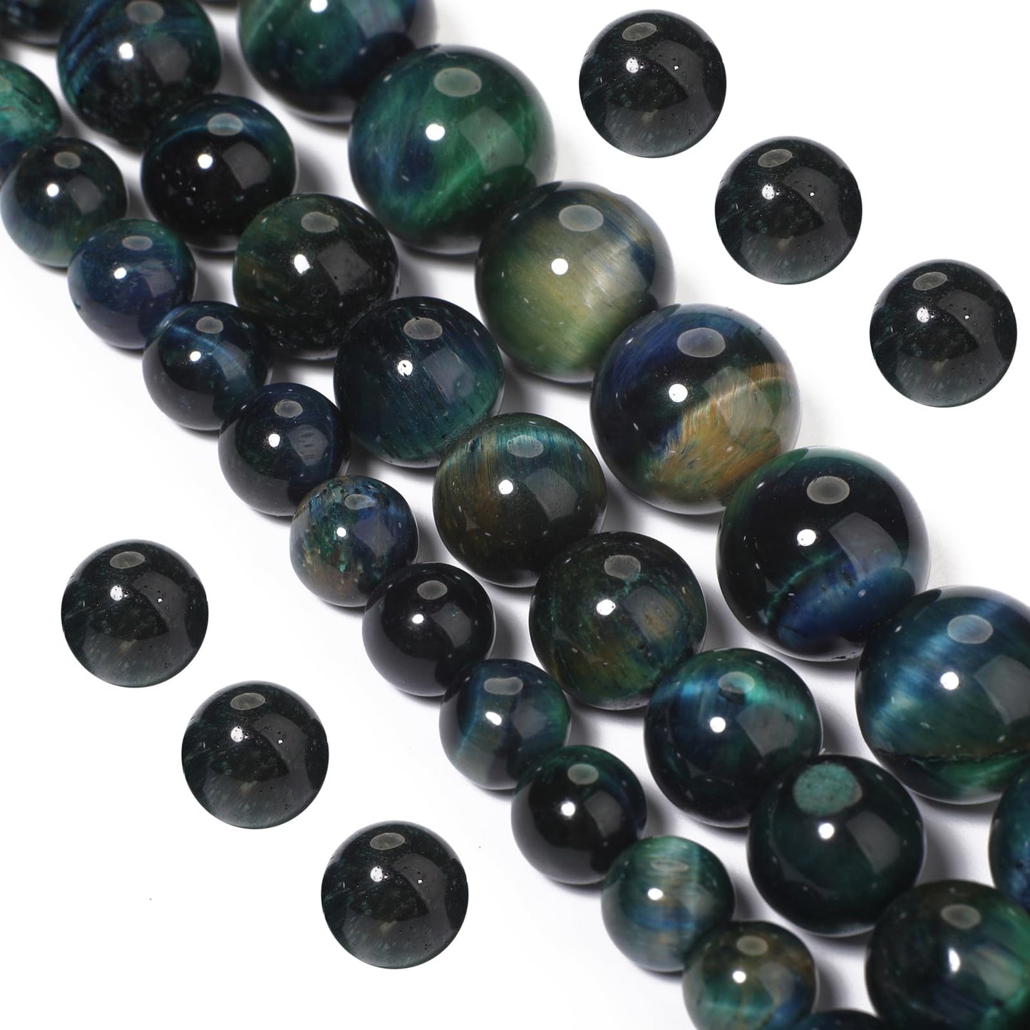 Yochus Natural Tiger Eye Beads, 60Pcs 6MM Milky Way Blue Green Color Enhance Round Loose Stone Bulk, DIY Charm Smooth Gemstone Beads for Jewelry Making