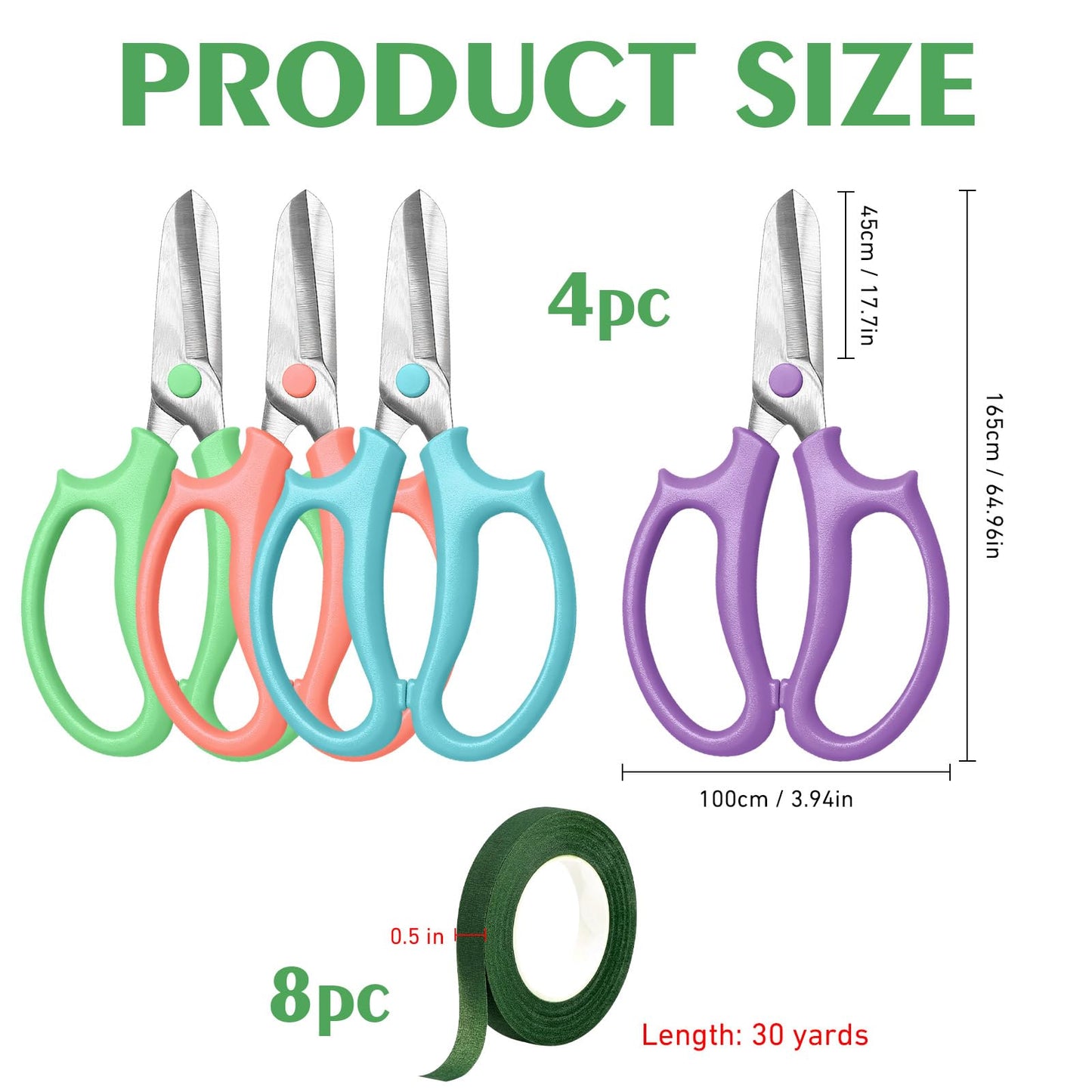 Huangfbfx 12Pcs Flower Scissors & Dark Green Floral Tape Set,Stainless Steel Floral Shears for Fresh Flower Stems,1/2" Wide 30Yard Adhesive Florist Tape for Bouquet Arranging Wedding Floral Crafts