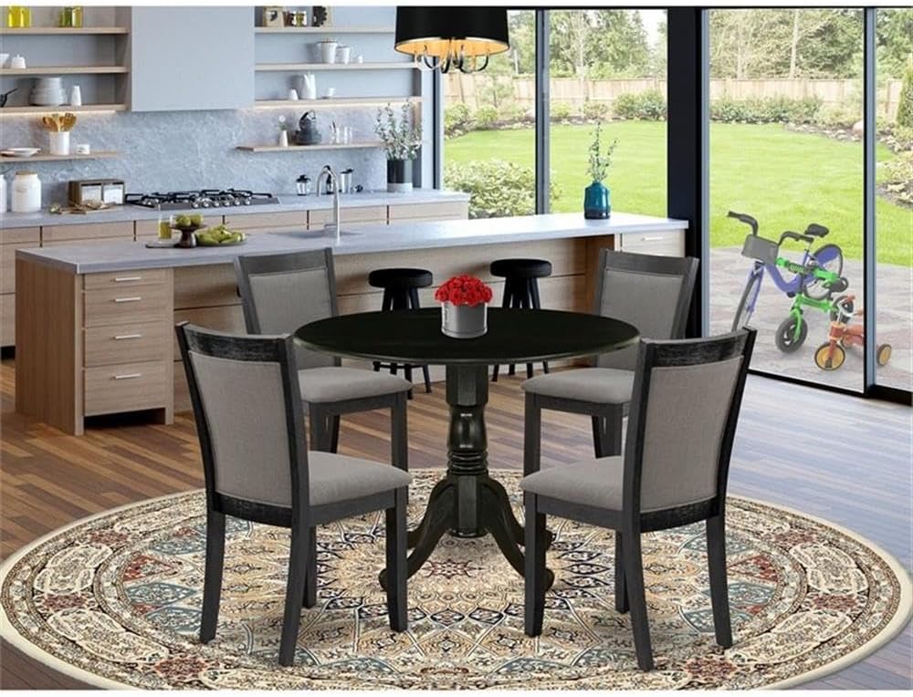 East West Furniture DLMZ5-AB6-50 5 Piece Dining Room Furniture Set Includes a Round Dining Table with Dropleaf and 4 Dark Gotham Grey Linen Fabric Parson Chairs, 42x42 Inch, Wirebrushed Black