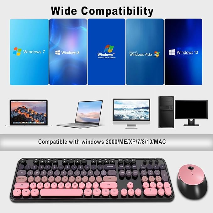 Kootop Wireless Keyboard and Mouse Combo, Cute Colorful 104 Keys Typewriter Retro Round Keycaps Keyboard for PC Laptop,Desktop,Windows, Home and Office Keyboards(Black Pink)