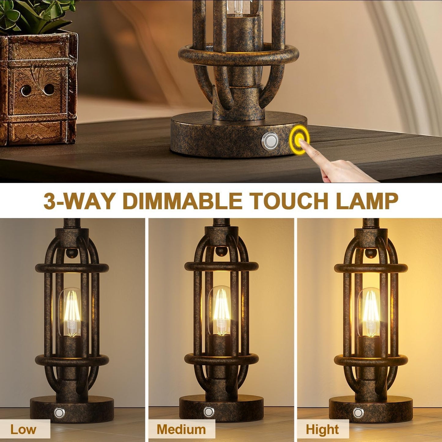 23.75'' Table Lamps Set of 2 for Living Room Bedroom Industrial Farmhouse Metal Touch Lamps with USB A+C Ports, Night Light Vintage Nightstand Bedside Lamp, Bulbs Included, Bronze