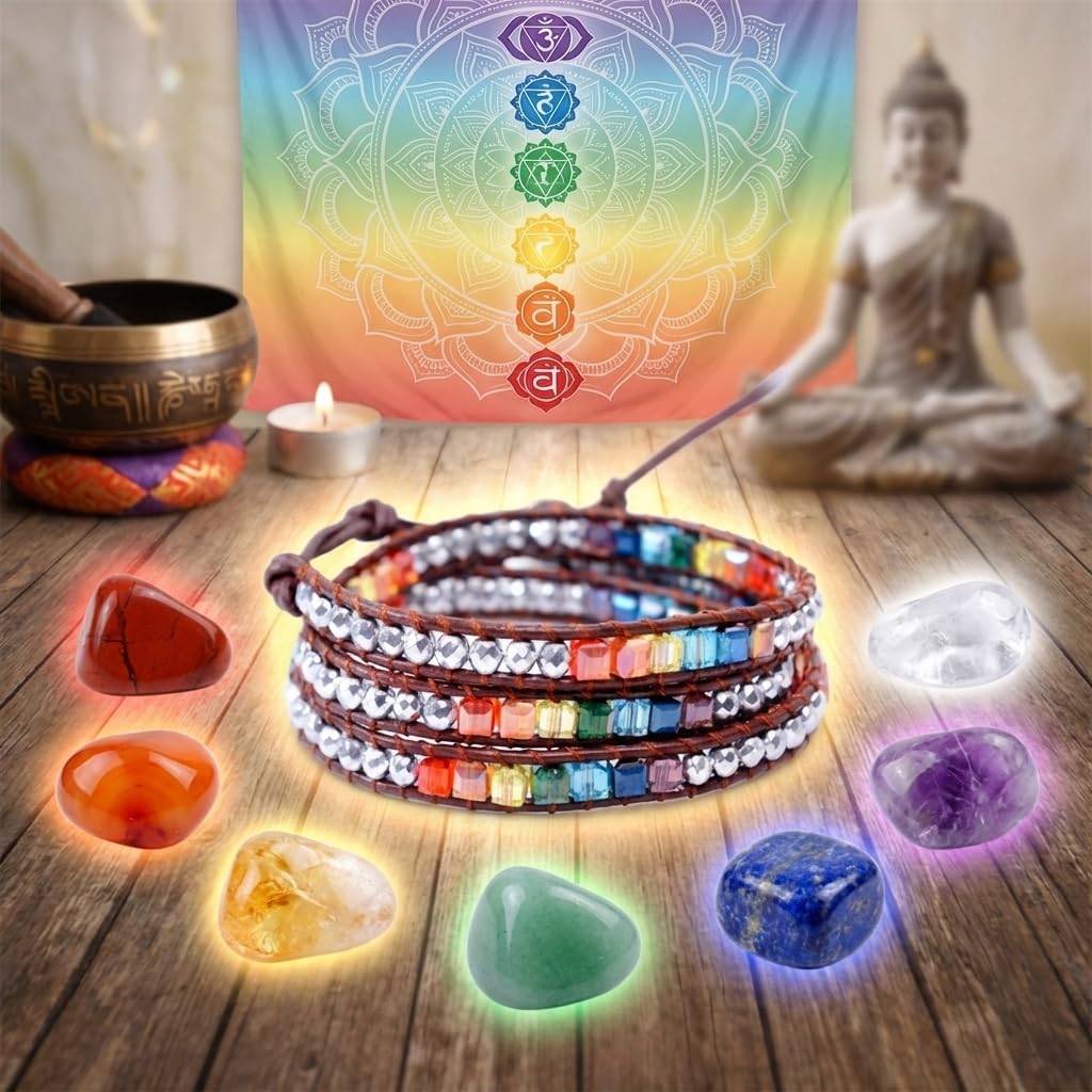 YGLINE Bohemian Style Multilayer Leather Wrap Bracelet Handmade Crystal Chakra Glass Beaded Stone Bracelet for Women