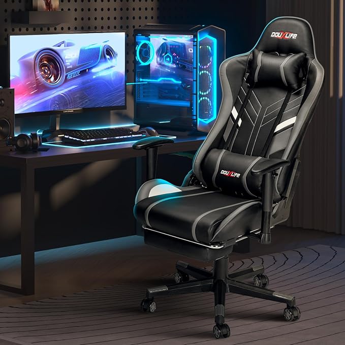 Douxlife 7-Point Massage Gaming Chair, 175° Gaming Recliner with Footrest Ergonomic Computer Office Chair High Back Video Game Chair with Lumbar Support, Upgraded Versio Grey