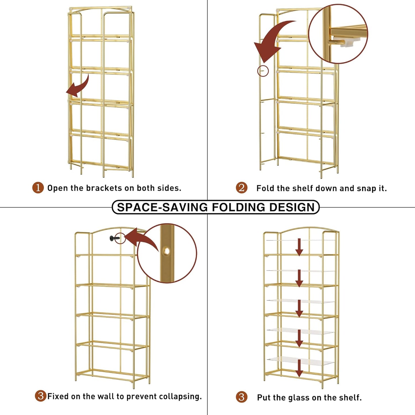 Crofy No Assembly Folding Bookshelf for Living Room, 5 Tier Gold Collapsible Book Shelf for Home Office, Portable Bookcase Storage Organizer