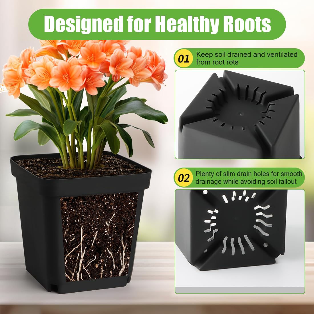 RooTrimmer Square Nursery Pots 5.5 Inch, Plastic Plant Pot with Drainage Holes, 30 Pcs Reusable Seedling Starter Pots Garden Flower Pots Planters for Indoor Plants, Transplanting, Succulents, Cuttings