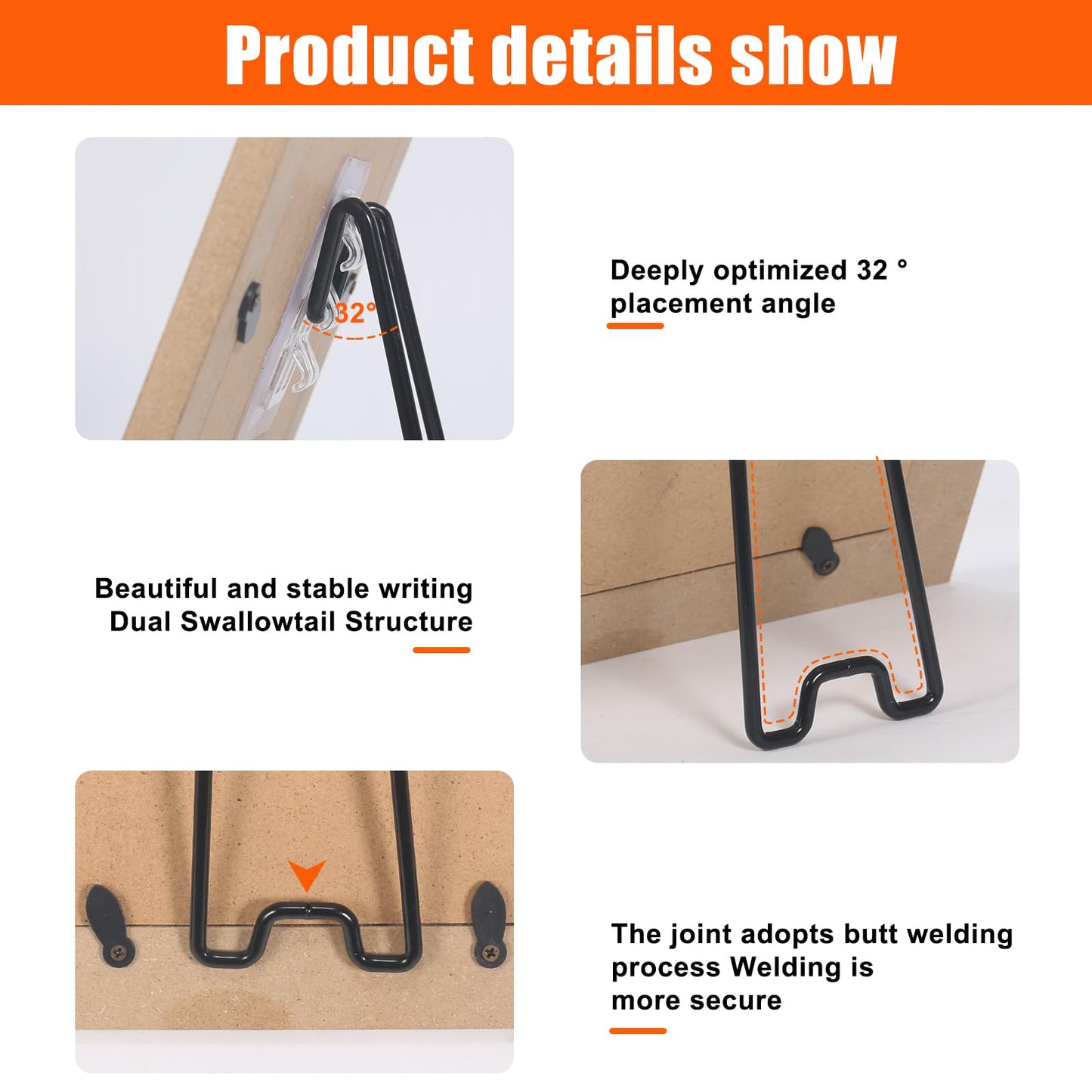 Nirxxiy 6 Pcs Picture Frame Stand, Table top easel, Stainless Steel Picture Holder Stand with Self-Adhesive for 5.9 to 10.2 inch Picture Frame Easel (Black, 5.12“ x 2.17”)