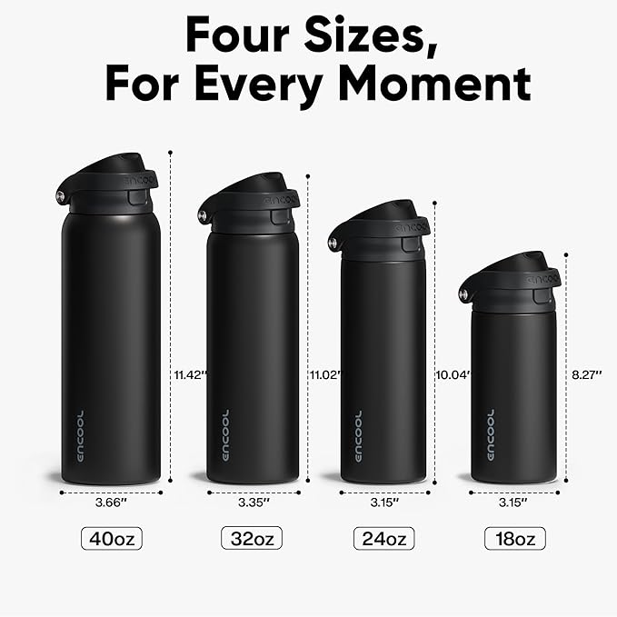 ENCOOL Leakproof Insulated Water Bottle with Straw Dual-Sip Water Bottle Bag-Safe Design for Work, Commute & Gym – Keeps Drinks Cold All Day, 24 oz, Jet Black