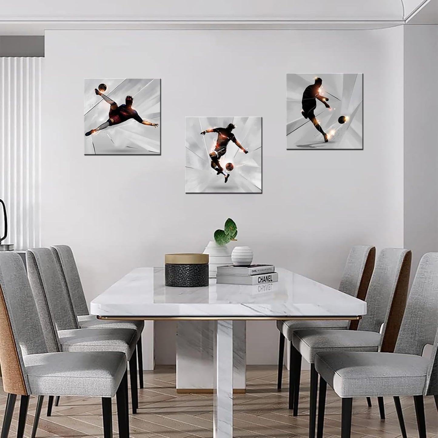 KLVOS Soccer Wall Art Prints Boy Room Sports Theme Decor Stretched and Gallery Wrap Modern Home Decoration for Man Cave Bedroom Ready to Hang - 12x12inchx3 Panel