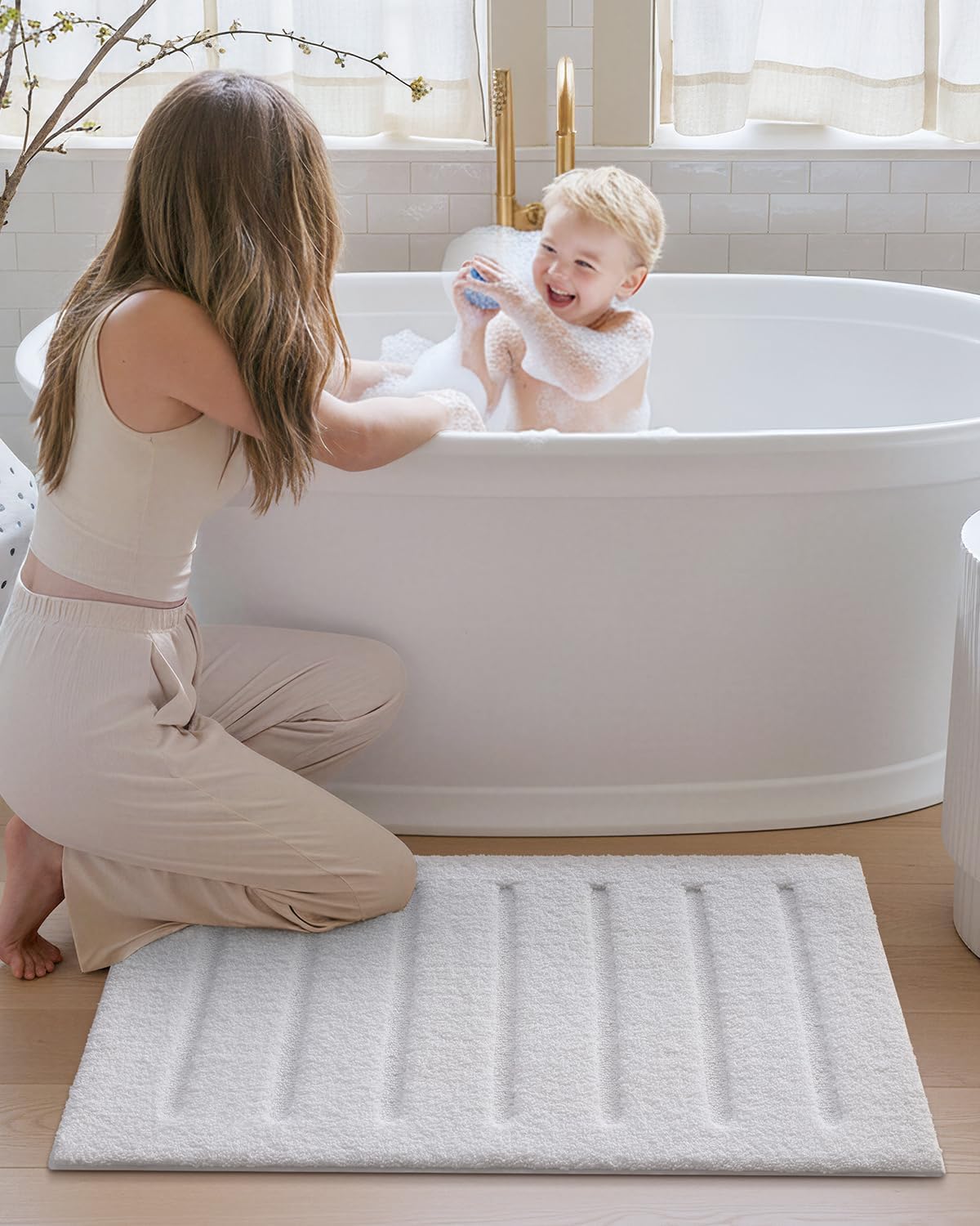 Color&Geometry Ultra Soft Plush Bathroom Rugs Non Slip Washable Bath Mat with Rubber Backing, Fluffy Absorbent Machine Carpet for Bathroom Floor, Tub and Shower, 24"x60", White