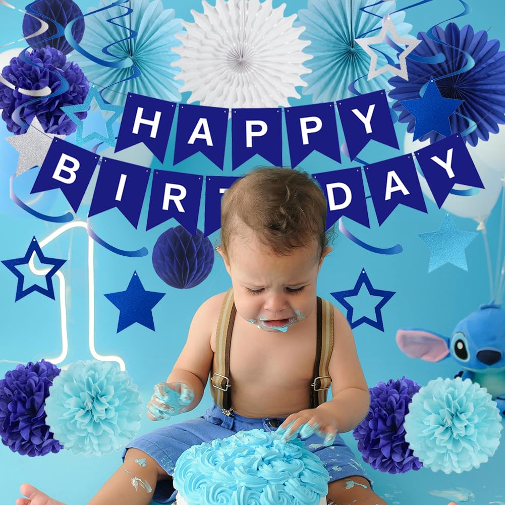 Blue Birthday Decorations for Men Boys Navy Blue Happy Birthday Banner Paper Fans Paper Pom Poms Star Hanging Swirls for Men Women Boys Girls Blue Birthday Party Decor