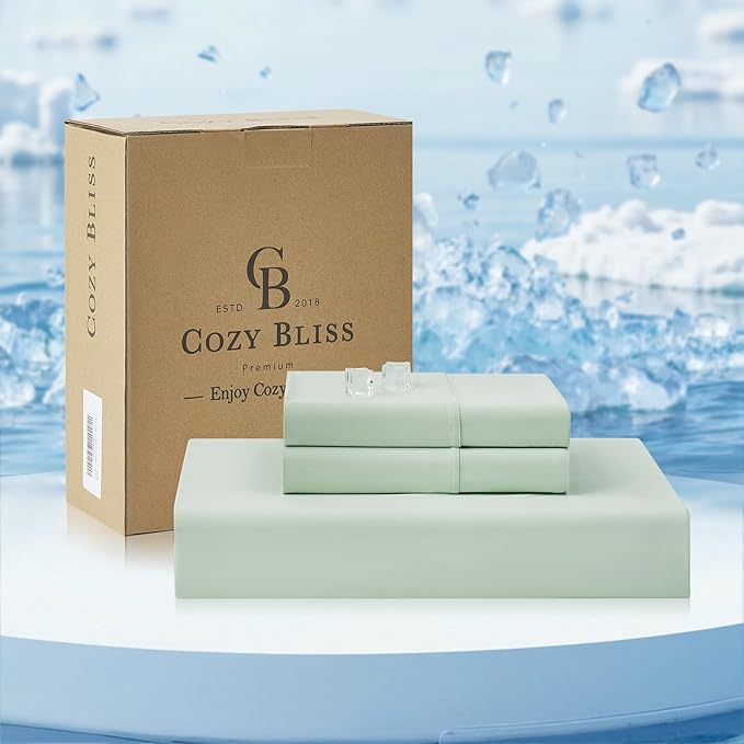 Cozy Bliss Premium Cooling Sheet Set King Size, Q-Max>0.4, 3PCS No Flat Sheet with 2 Pillowcases, Breathable Fitted Sheet for Hot Sleepers & Night Sweats, Deep Pocket Up to 18 Inches, Light Mint Green