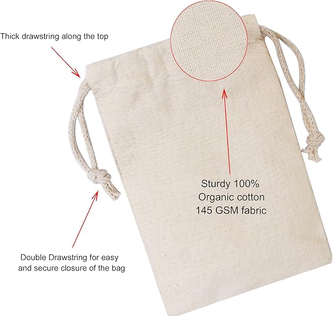 100Pcs 5 x 8 Inches Premium Cotton Muslin Double Drawstring Bags, Reusable Bag Natural Cotton Bags with Drawstring Produce Bags Bulk Gift Bag Jewelry Pouch for Party Wedding Home Storage