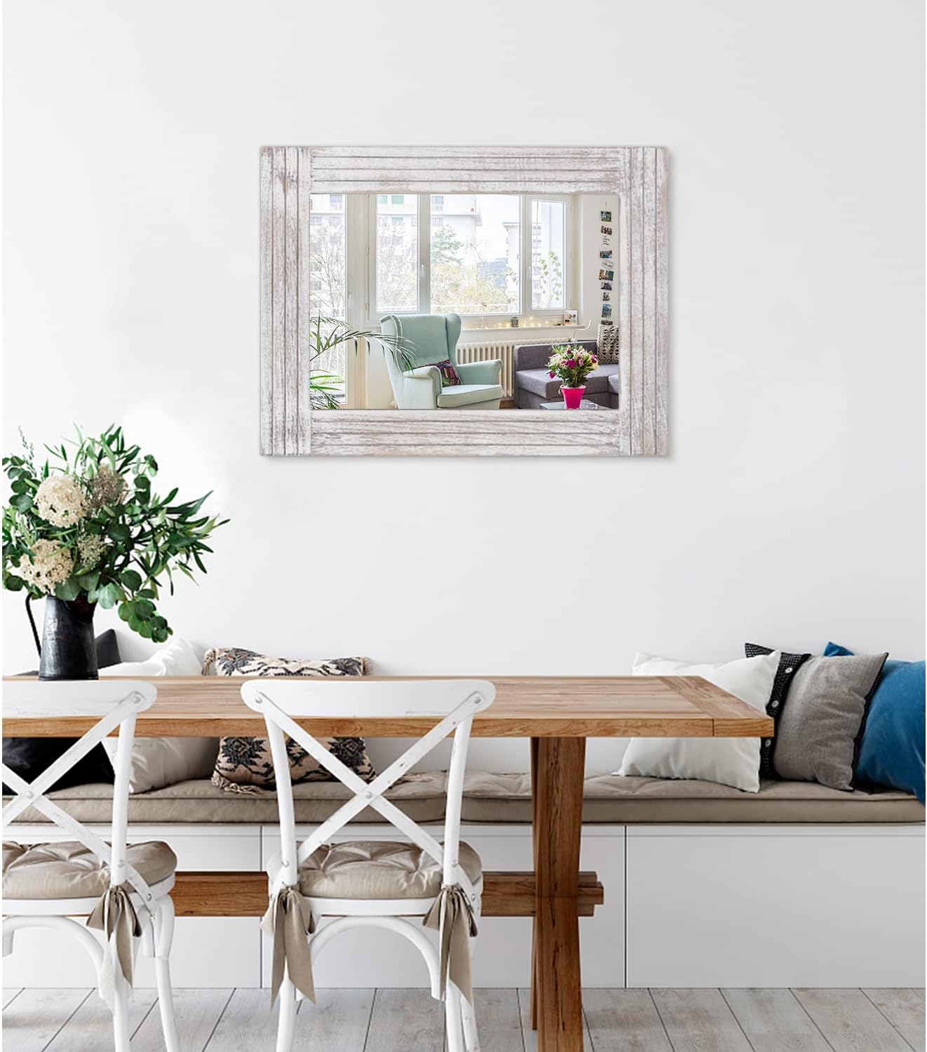 Mirrors for Wall Rustic Wooden Frame Rectangle Mirror Vintage Hanging Mirror for Bedroom Bathroom Living Room Farmhouse Wall Decor White Large 20" x 16 "