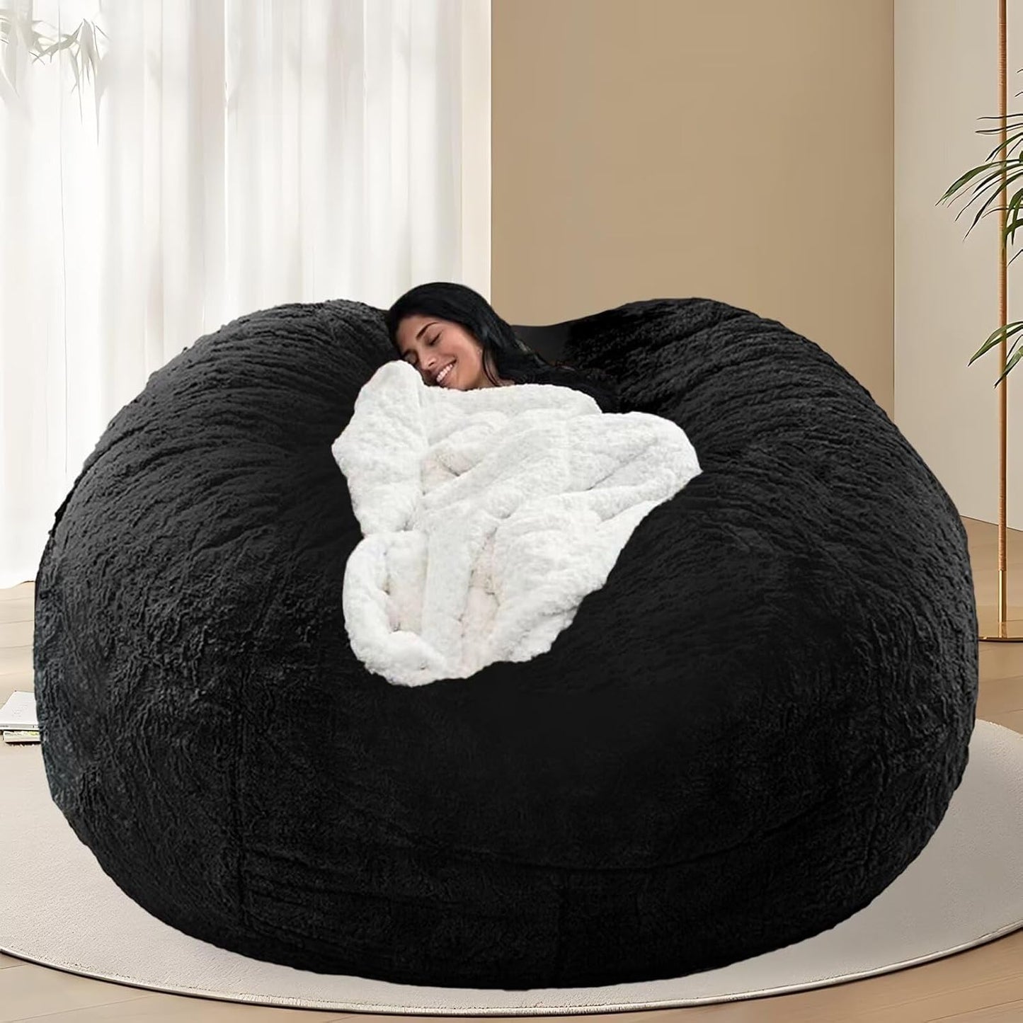 BCU 6FT Bean Bag Chair for Adults and Kids Without Filler Giant Stuffed Animal Storage Cover Soft Faux Fur Floor Chair Cover for Bedroom Living Room, Black