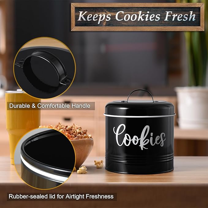 Farmhouse Cookie Jar for Kitchen Counter, 1 Gallon Vintage Cookie Jar with Airtight Lid, Large Food Storage Container for Candy, Cookies, Dessert, Black Kitchen Decor and Accessories