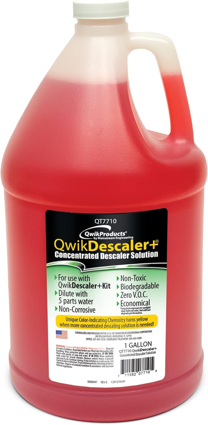 QwikDescaler + Concentrated Descaler Solution, Tankless Water Heater Descaling Solvent for Heat Exchanger, Quickly Dissolves Scale, Lime, Tarnish and Deposits, 1 Gallon