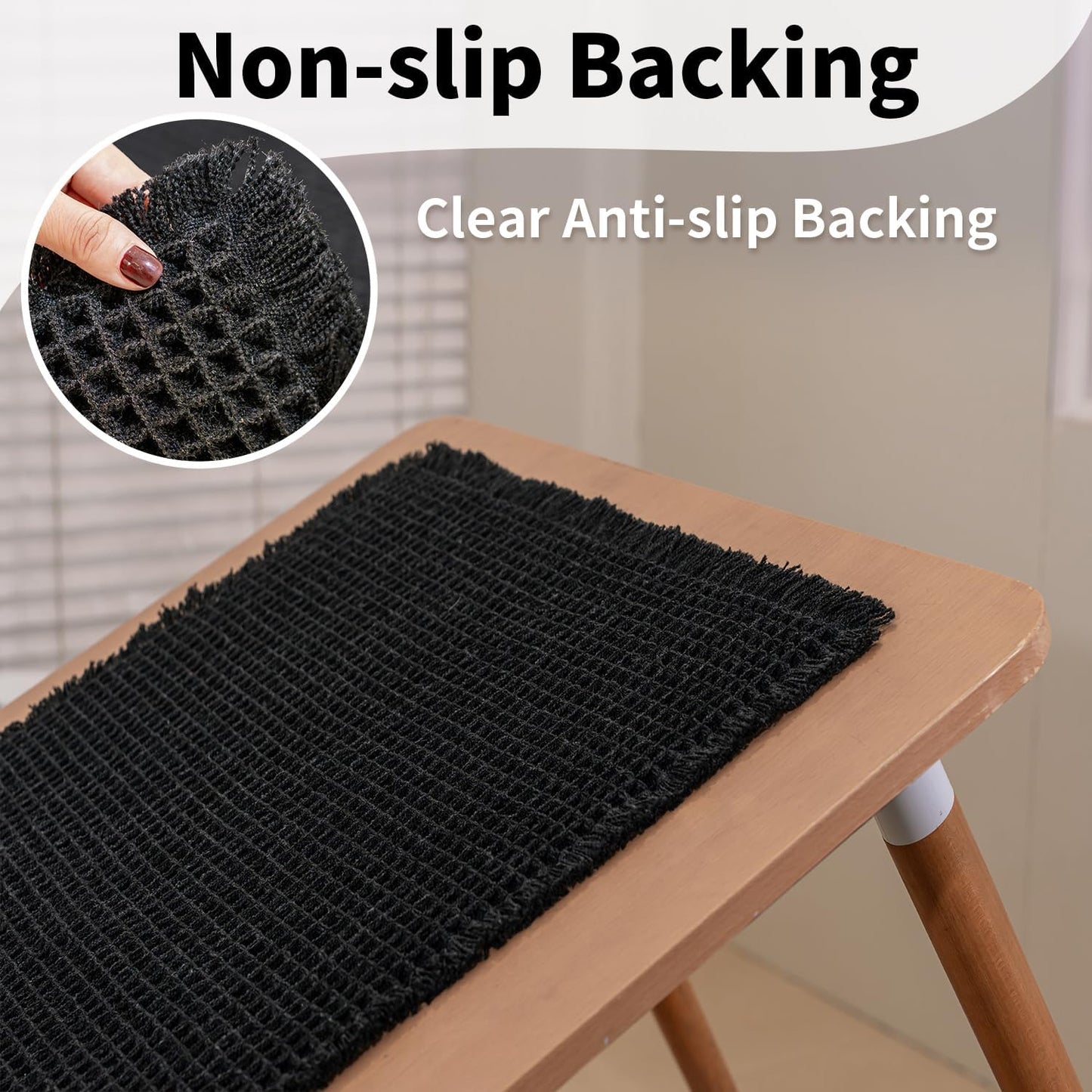 Black Bathroom Rug - Waffle Bath Mat Non Slip Washable, Super Absorbent & Quick Dry, Boho Bath Mat Farmhouse Bathroom Decor, 20'' x 48'', Black