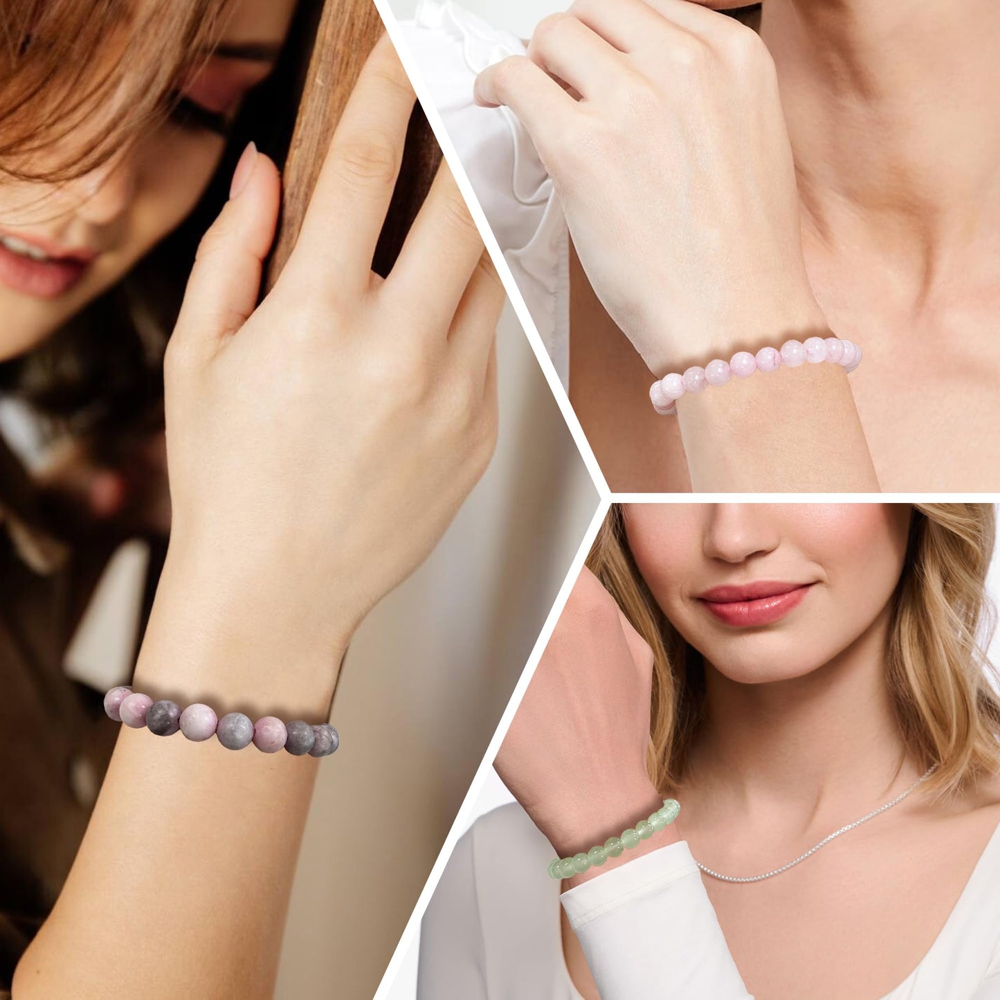 MEDOJO 16 Pcs Crystal Stone Bracelets Set for Women Men Semi-Precious Gemstones 8mm Round Beads Bracelet Crystal Stone Stretch Bracelets Jewelry