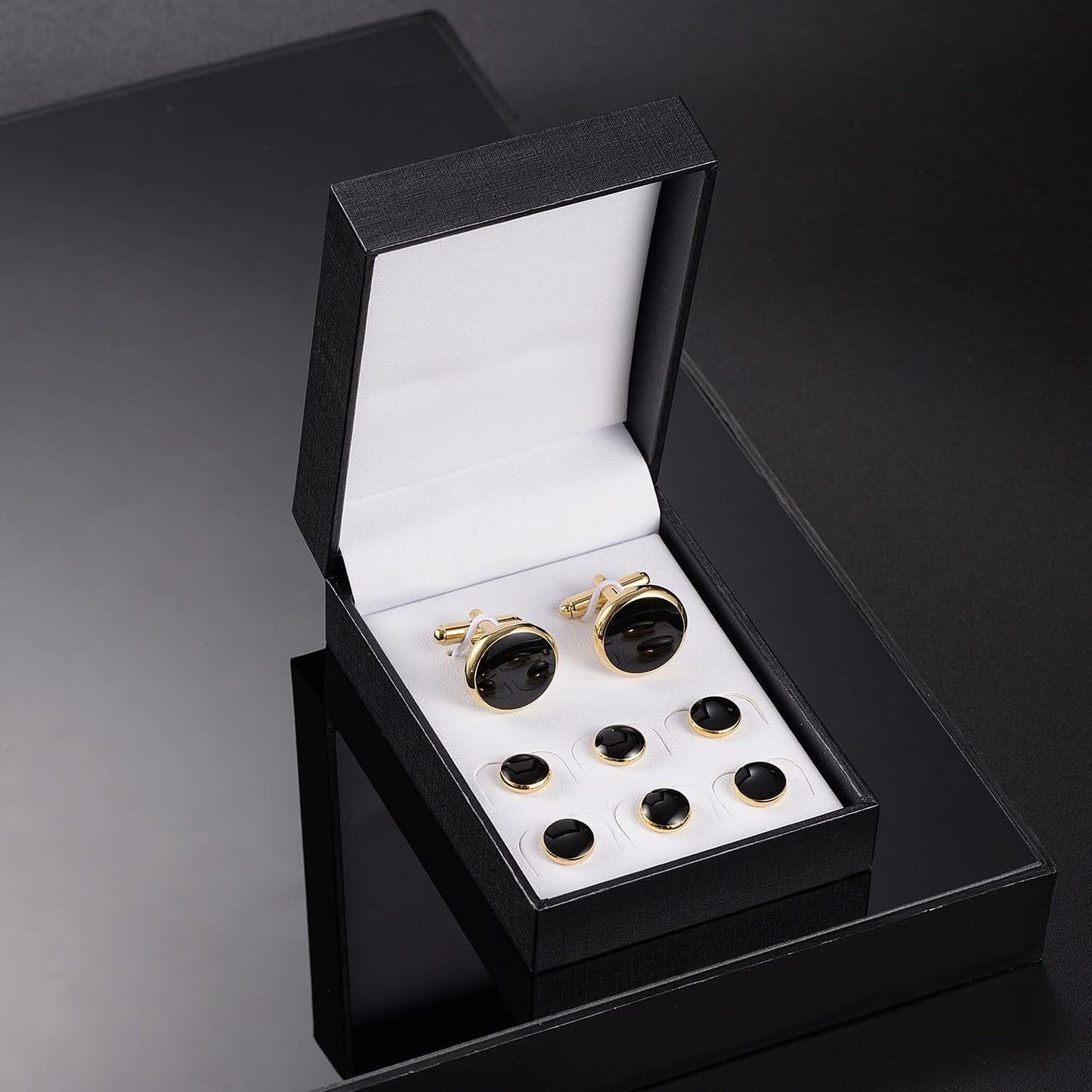 wynameleri Mens Cufflinks and Studs Set Blanks Round 4 Colors Shirt Tuxedo Buttons Packed in Cufflink Box for Business Wedding Jewelry