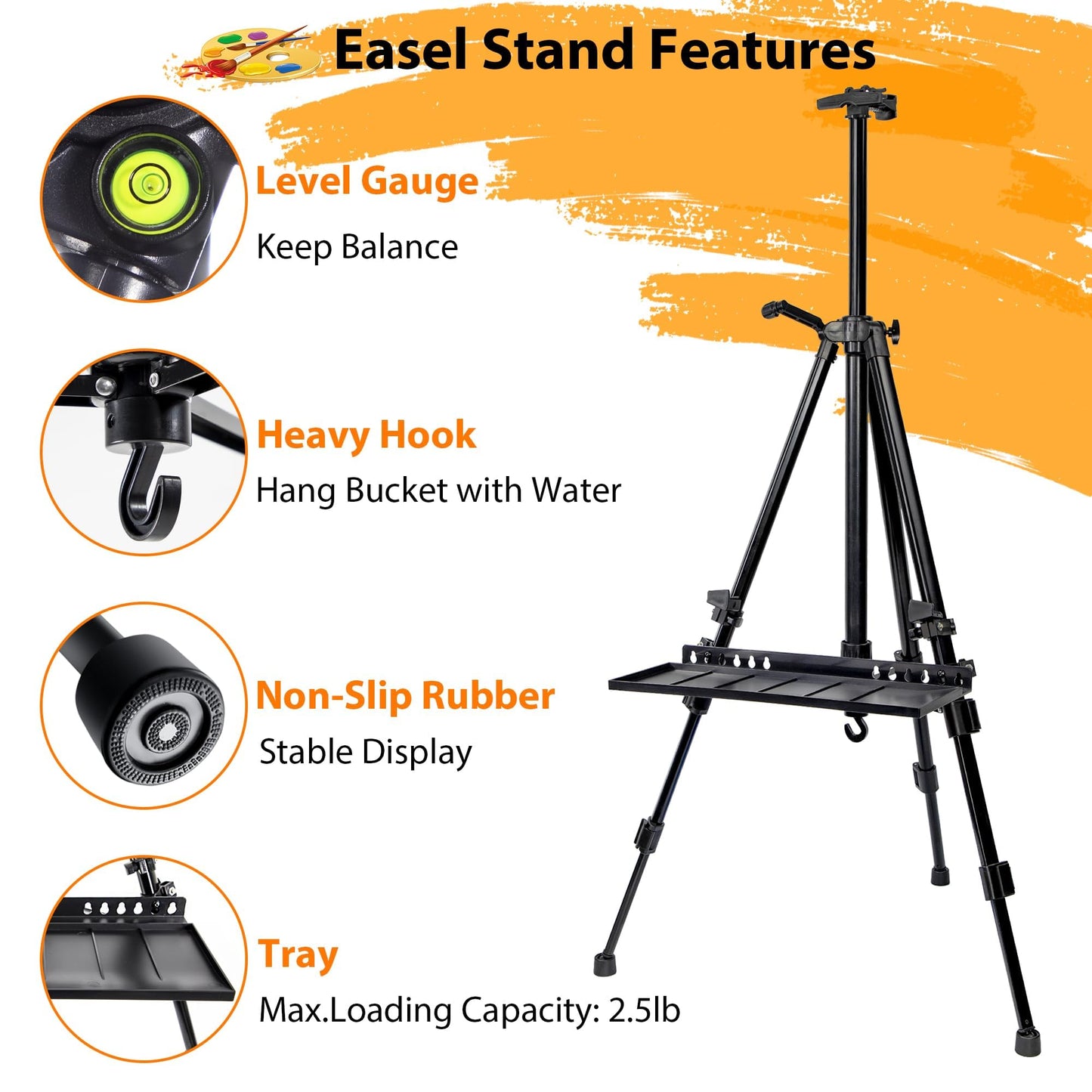 VAIIGO Easel Stand for Painting Artist Easel Stand Adjustable Height 20" to 61" Metal Tripod Art Easels Stand for Painting Canvases Tabletop Floor Art Easel Stand with Tray, Bag, Folding Keg, Black