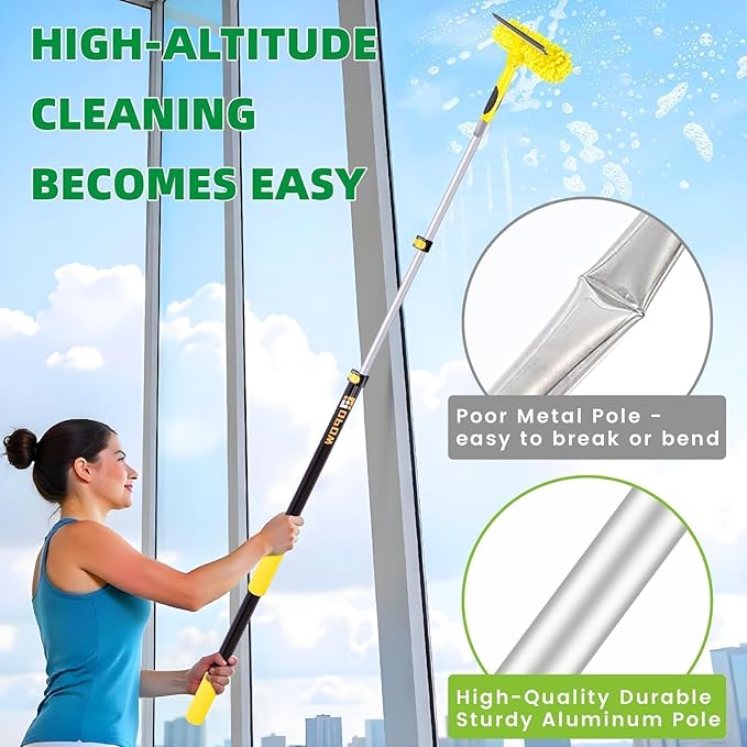150'' Long Reach Window Squeegee with Telescoping Extension Pole, 2-in-1 Indoor/Outdoor Cleaning Tool with 270° Rotatable Head, Lightweight Alloy Aluminum Pole for Shower Door, Mirror, Car Windshield