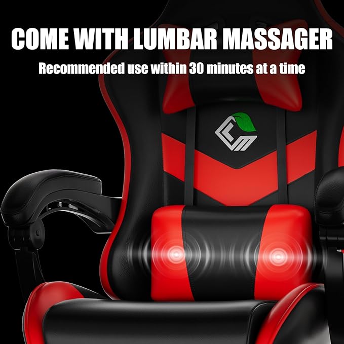 Gaming Chair with Footrest Racing Style Lumbar Support Massager Video Game Chair with Metal Legs, High Back Gamer Chair with Headrest, 360° Swivel Office Computer Desk Chair, Bright Red