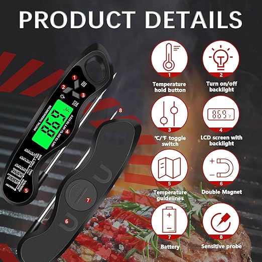 Meat Thermometer Digital，IP67 Waterproof Cooking Thermometer with Backlight, Calibration & Hold Function，Food Thermometer for Cooking,Outdoor Grilling