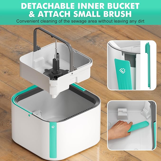 Upgraded Self-Standing Spin Mop and Bucket System, Detachable Inner Mop Bucket Separates Dirty Water & 90° Foldable Head, Triple-Scrub System, 0.9Gal Dual Drainage, for Hardwood Floors (Blue 6 Pads)