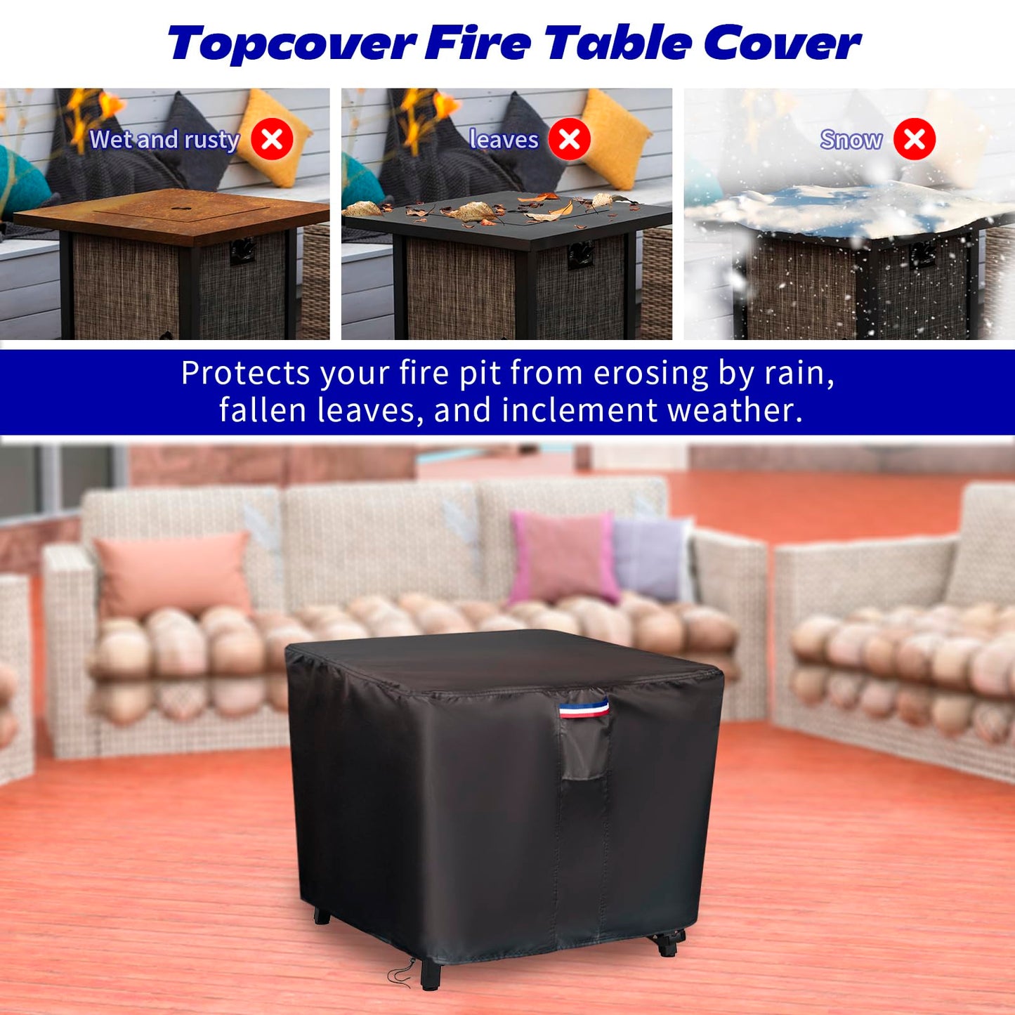 Topcover Fire Pit Cover,38 inch Square Propane Gas Outdoor Fire Table Cover,600D Waterproof and Windproof Heavy Duty Fabric Firepits Covers for Patio Table Fireplace －38"Lx38"Wx28"H,Black