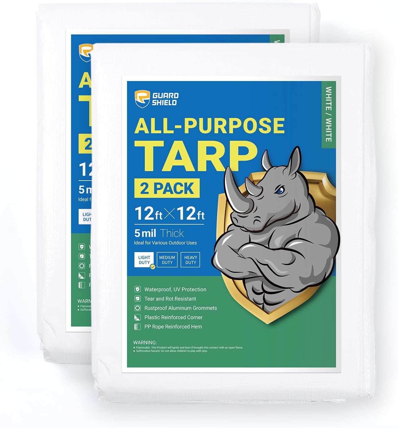 GUARD SHIELD Tarp White 12x12 Feet Multi Purpose Waterproof Poly Tarp Cover 5mil (2-Pack)