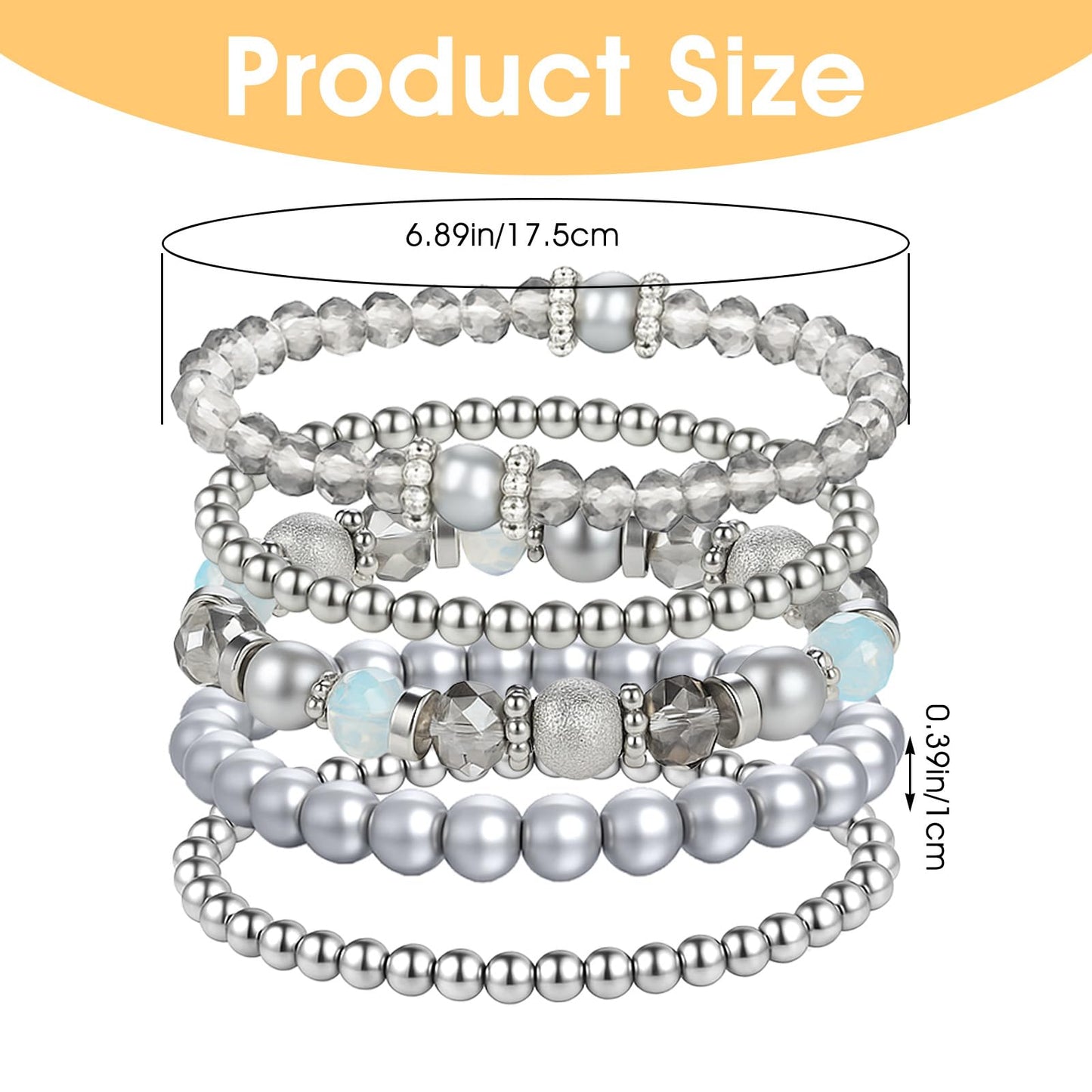Heclia Beaded Stretch Bracelets Silver Stackable Crystal Beads Bracelets 5PCS Beaded Boho Stretch Bracelet Layering Crystal Stone Bead Bracelet Trendy Costume Jewelry Gifts for Women