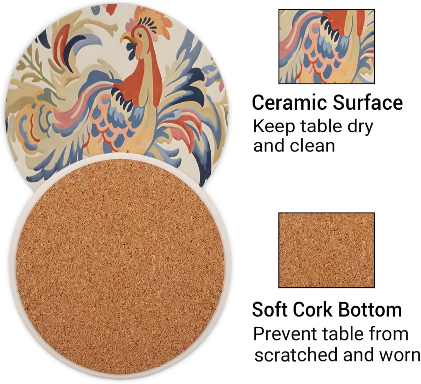 Ceramic Coasters for Drinks with Cork Back, Colorful Rooster Art 4 Inch Absorbent Coaster Set 2 Pack, Quick Dry Non-Slip Coaster Mats for Home, Office, Bar