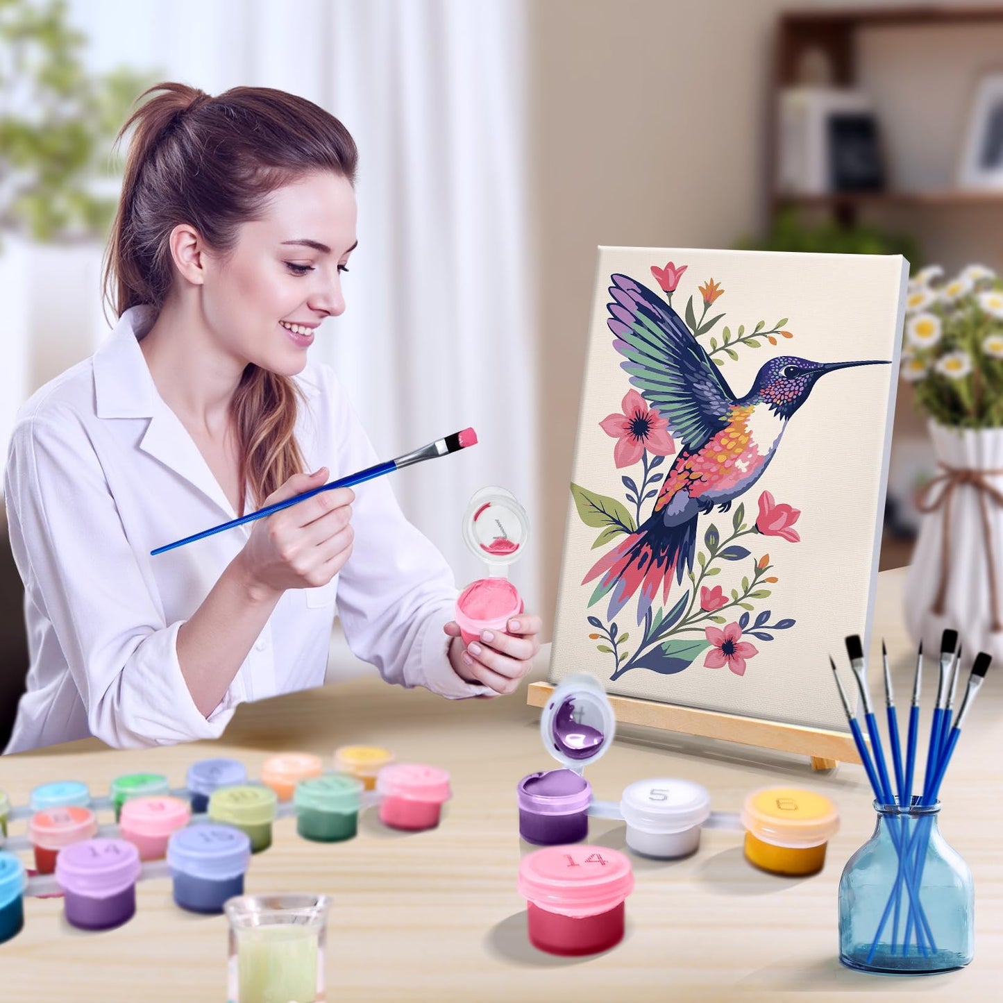 JOOZ 4 Pack Paint by Numbers Kit for Adults Framed, Hummingbird Paint by Numbers with Easel, DIY Flower Framed Adult Paint by Number Kits on Canvas, Oil Painting Kit for Home Decor 8x12 Inch