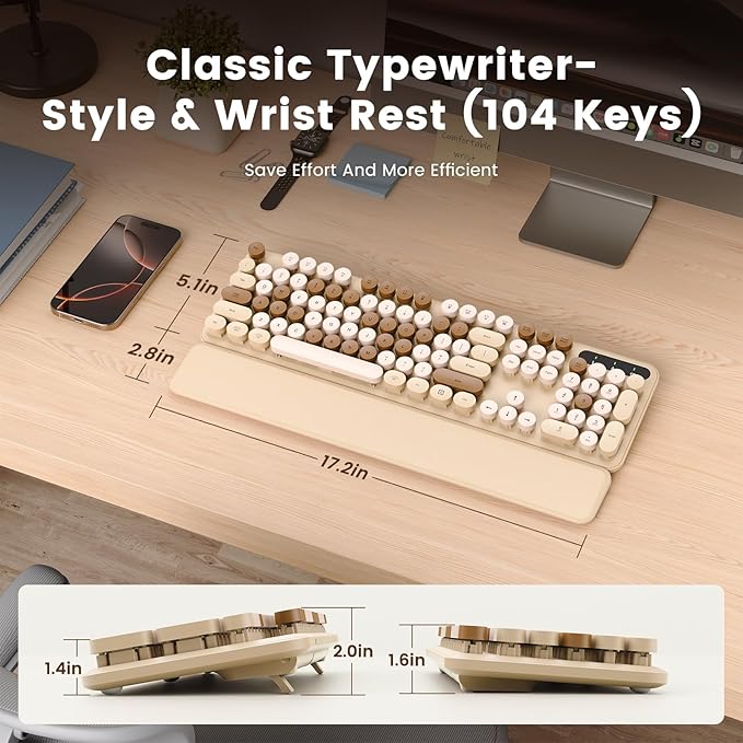 Wireless Keyboard, Round Keycaps, Retro Typewriter Keyboard with Detachable Wrist Rest, Sleep Mode, Foldable Legs, 2.4GHz Full-Size Cordless Computer Keyboard for Windows/PC/Laptop (Latte)