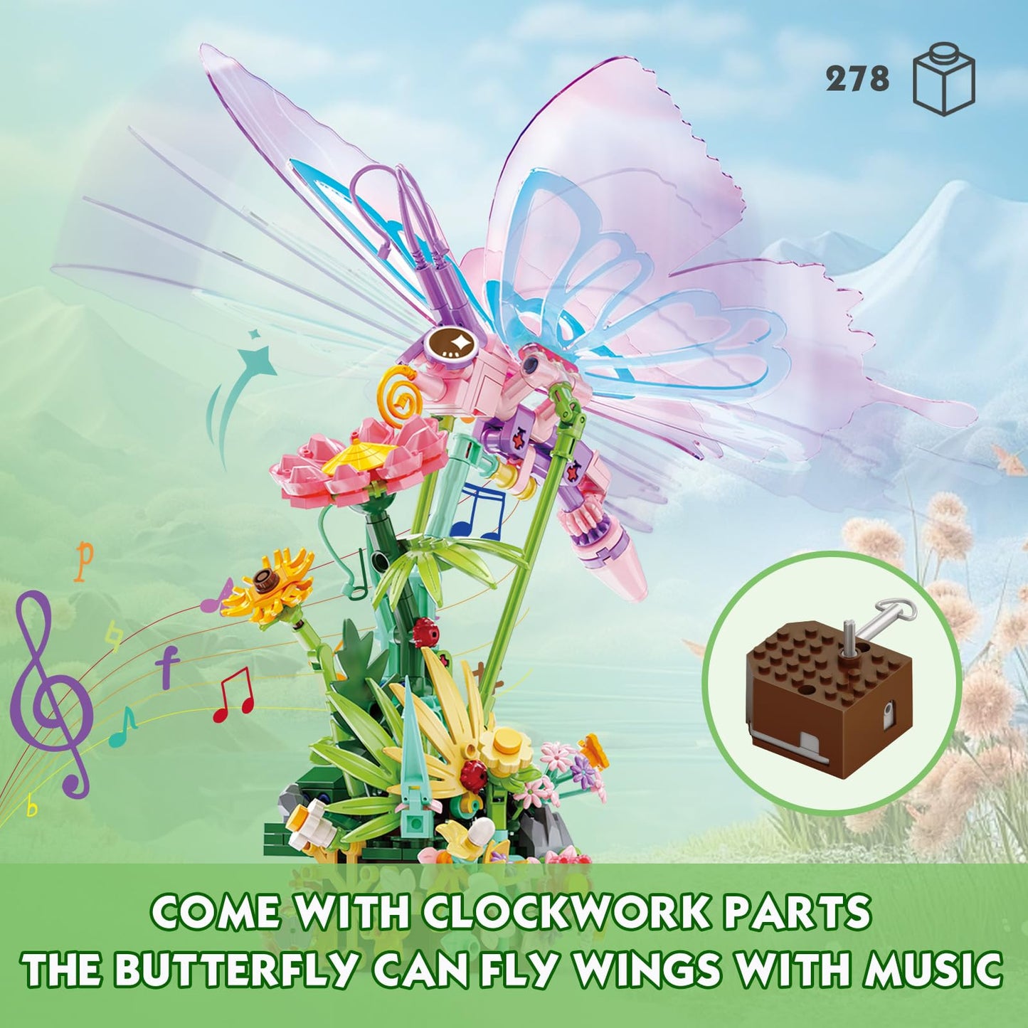 KAZI Butterfly Building Toy Set - Music Box for Girls & Kids Ages 8 Plus,DIY Insect and Flowers Crafts Kit for Home Decor,Living Room or Bedroom,Gifts for Insect Lovers, for Mom