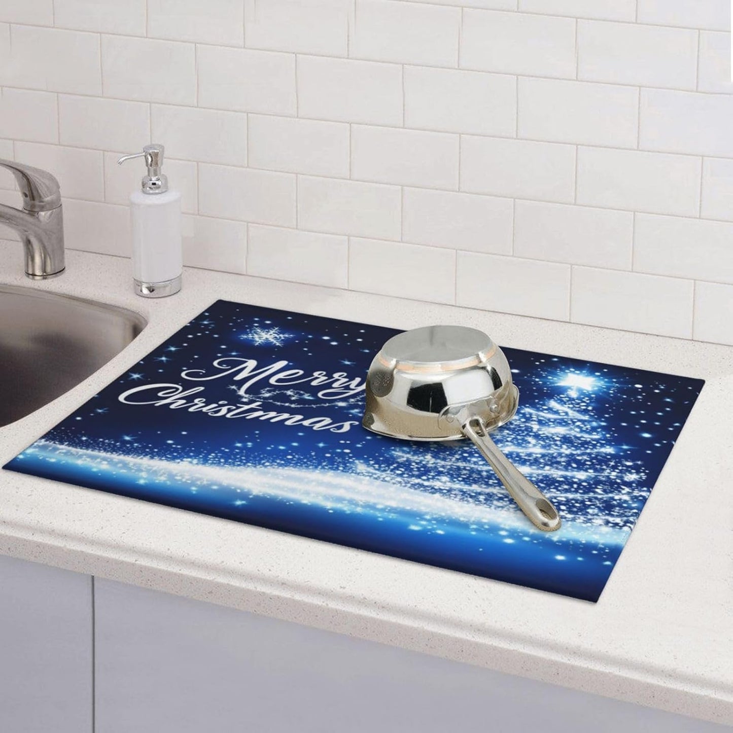 Dish Drying Mat for Kitchen Merry Christmas Blue Tree Counter Absorbent Dishes Drainer Microfiber Large 18x24 Inch