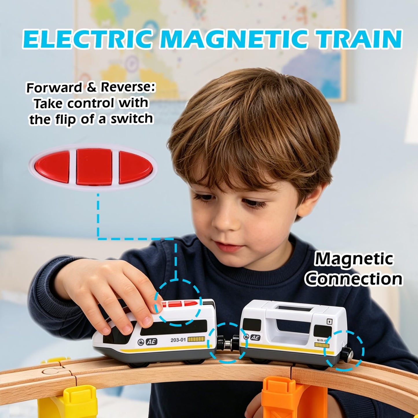 60Pcs Wooden Train Track Set, 203-inch Track Length, Train Bridge Toy Set for Toddlers, Scenario Building Blocks Toddler Toys with Airplane and Magnetic Crane, Birthday Gift Ideas for Boys and Girls