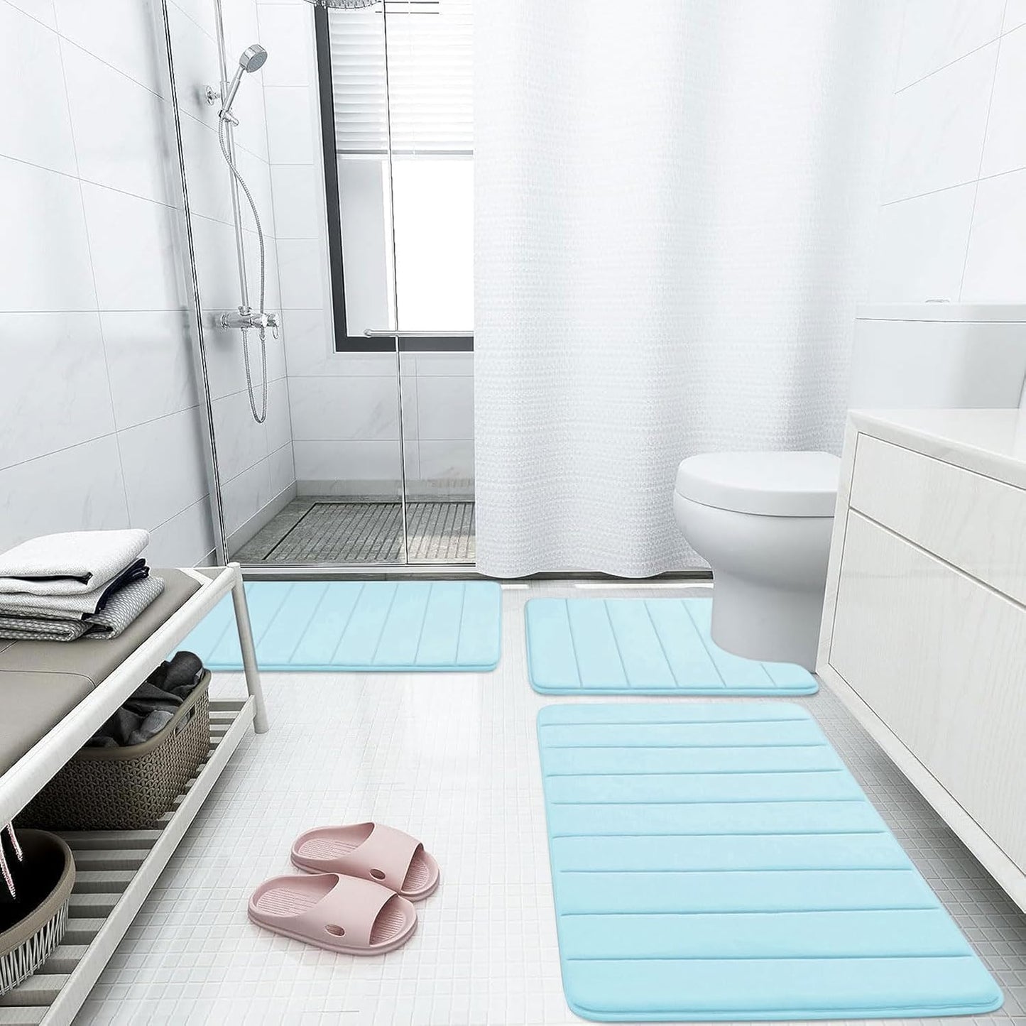 Buganda Memory Foam Bath Mat, 24" x 16", Ultra Soft and Non-Slip Bathroom Rugs, Water Absorbent and Machine Washable Bath Rug for Bathroom, Shower, and Tub, Light Blue