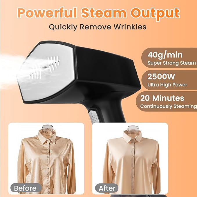 Travel Steamer for Clothes, Portable Steamer, 10-Second Fast Heating Handheld Steam, 2500W Power, 3 Steam Modes, with 350ml Water Tank, for Home Travel Office