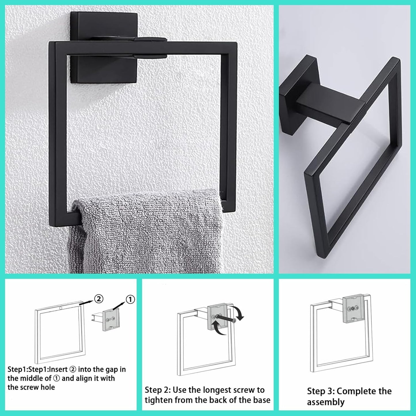 TAUN Bathroom Towel Bar Set 10 Pieces Matte Black Square Modern Bathroom Hardware Set SUS304 Bathroom Accessories Set Towel Rack Set for Bathroom Wall Mounted (Matte Black, 24 Inch), 10P-PHVC