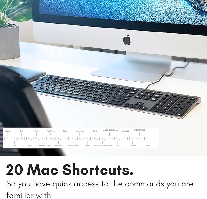 Macally Ultra-Slim USB Wired Computer Keyboard - Works Great as Both a Windows or Wired Mac Keyboard - Compatible Full Size Apple Keyboard with Numeric Keypad for Mac mini, iMac, MacBook - Space Gray